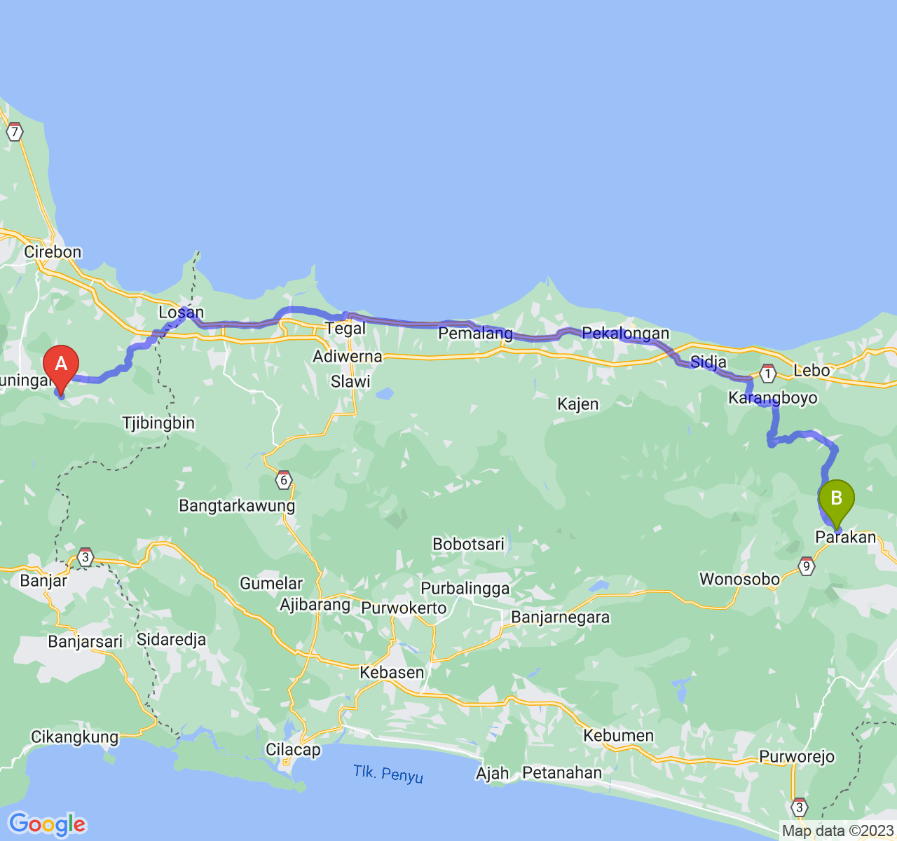 perjalanan dengan rute Kab. Kuningan-Kab. Temanggung