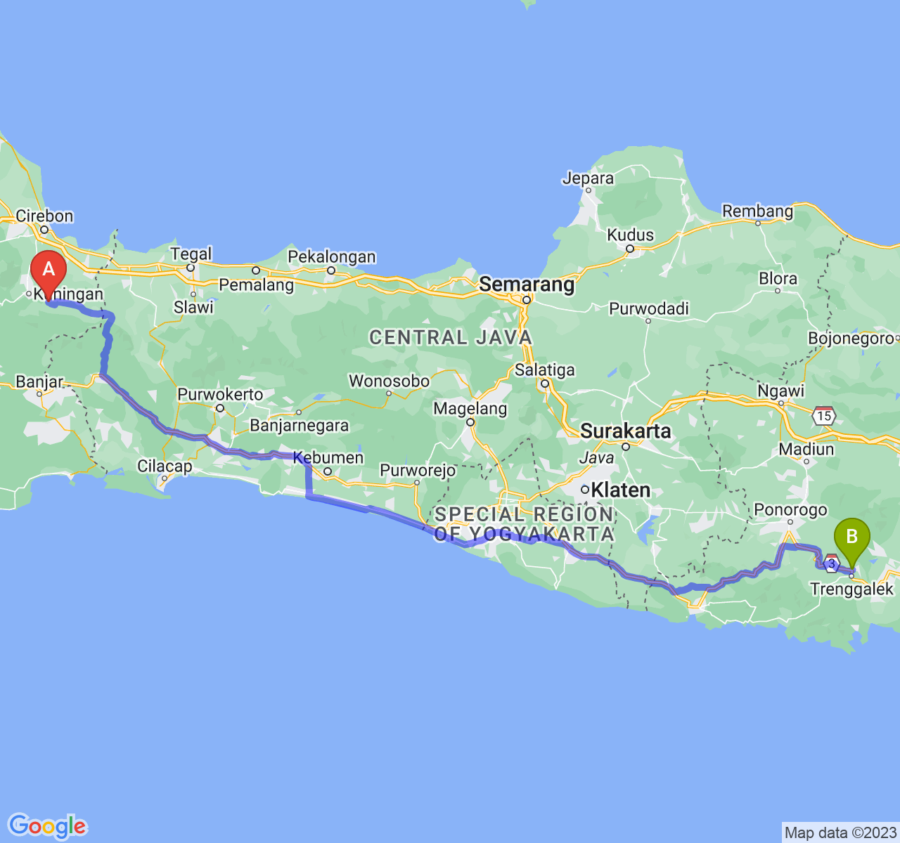 perjalanan dengan rute Kab. Kuningan-Kab. Trenggalek