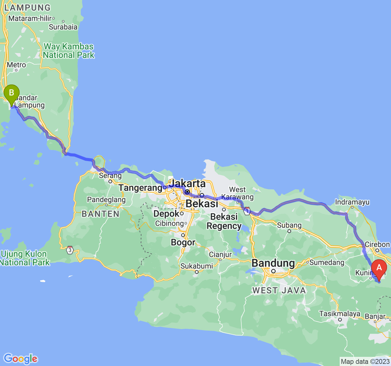 perjalanan dengan rute Kab. Kuningan-Kota Bandar Lampung