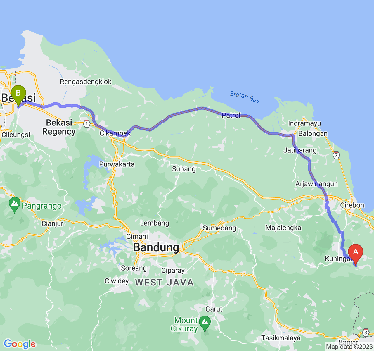 perjalanan dengan rute Kab. Kuningan-Kota Bekasi