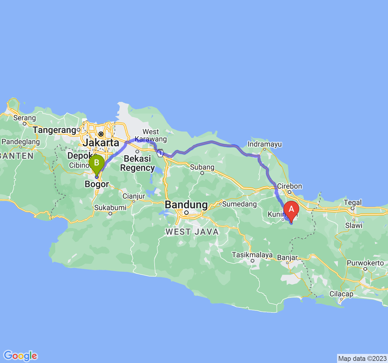 perjalanan dengan rute Kab. Kuningan-Kota Bogor