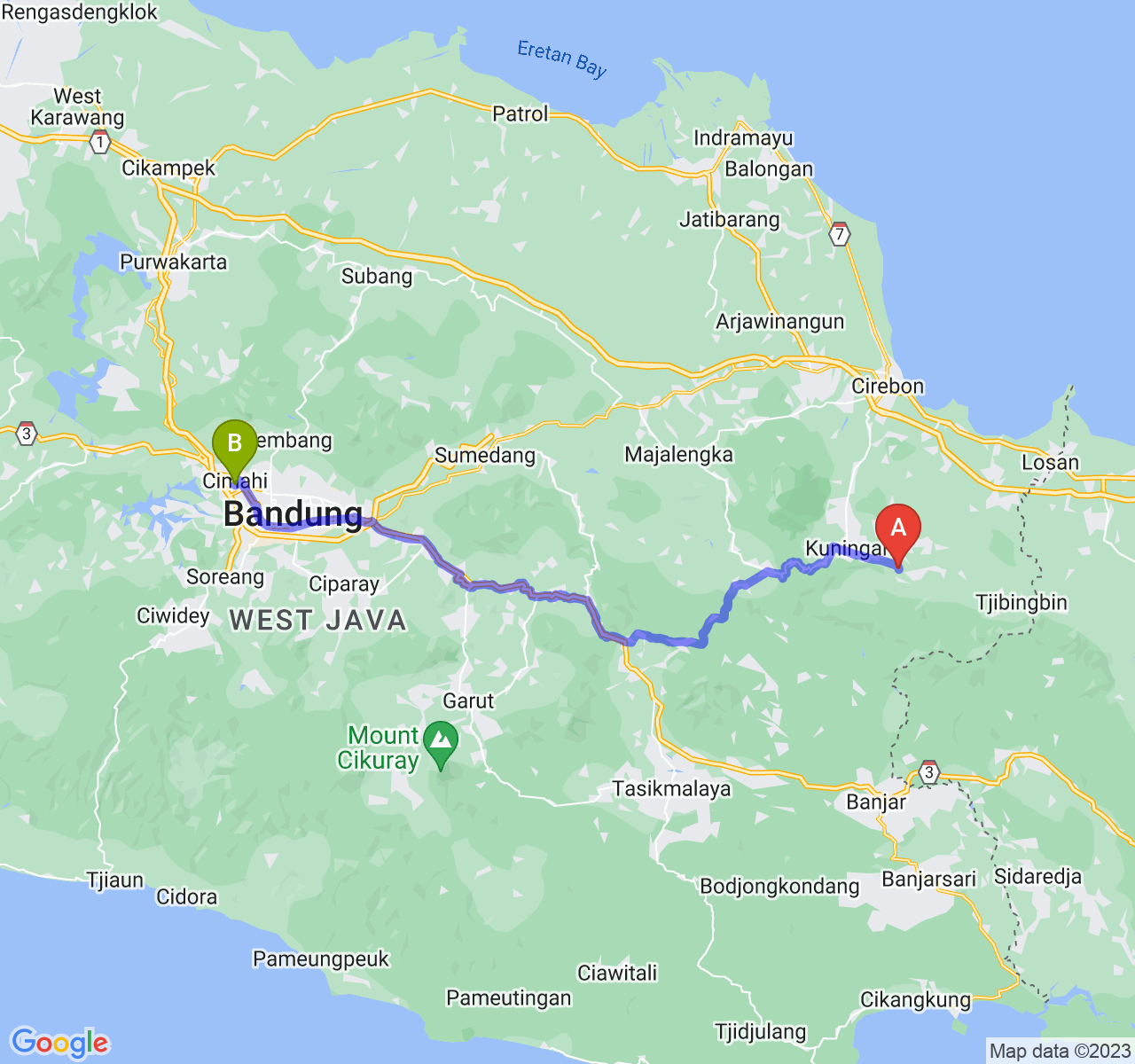 perjalanan dengan rute Kab. Kuningan-Kota Cimahi