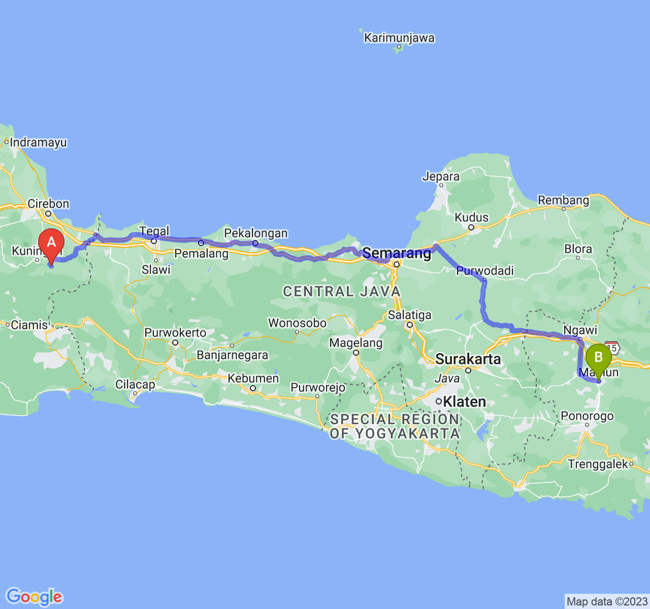 perjalanan dengan rute Kab. Kuningan-Kota Madiun