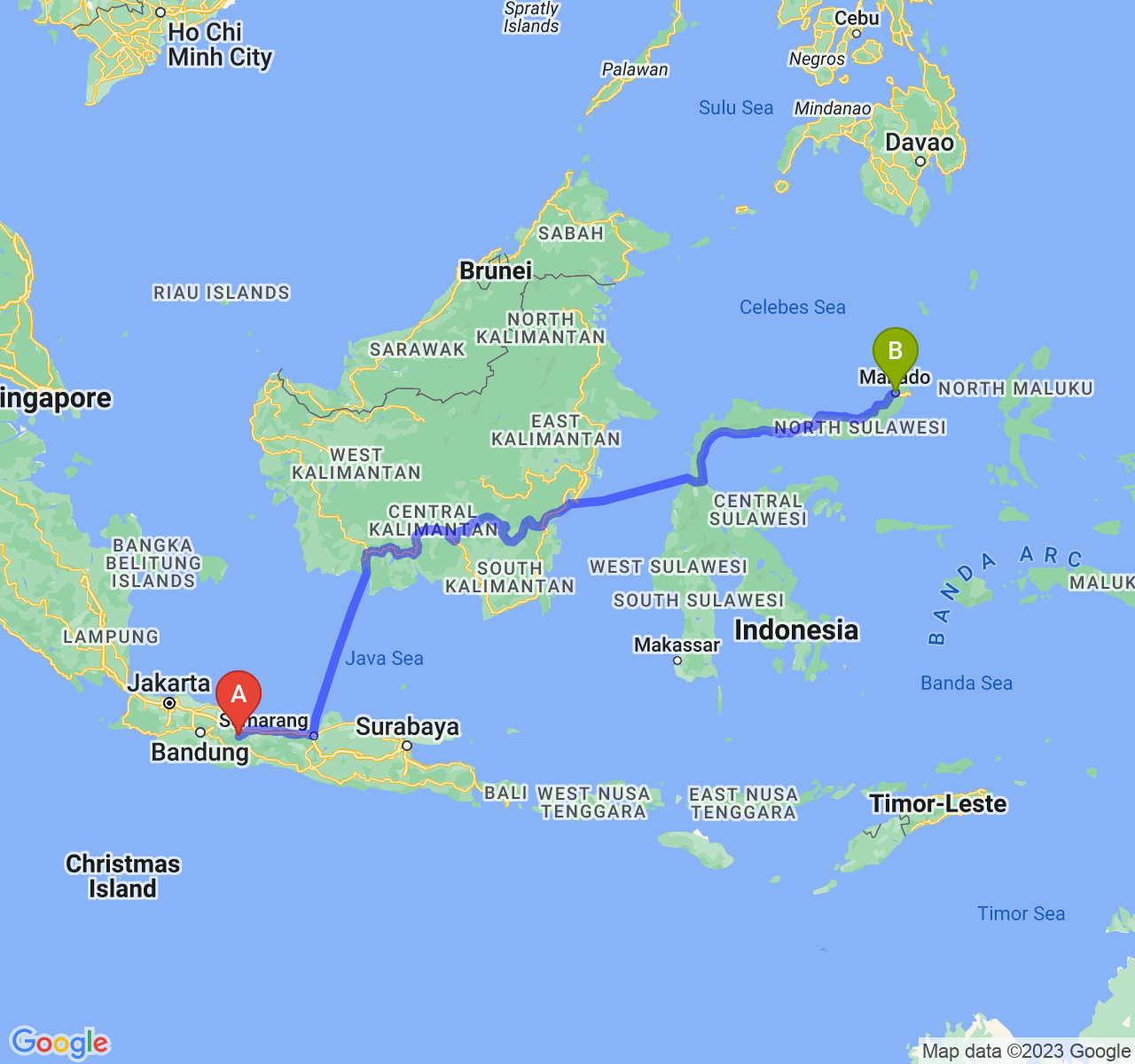 perjalanan dengan rute Kab. Kuningan-Kota Manado