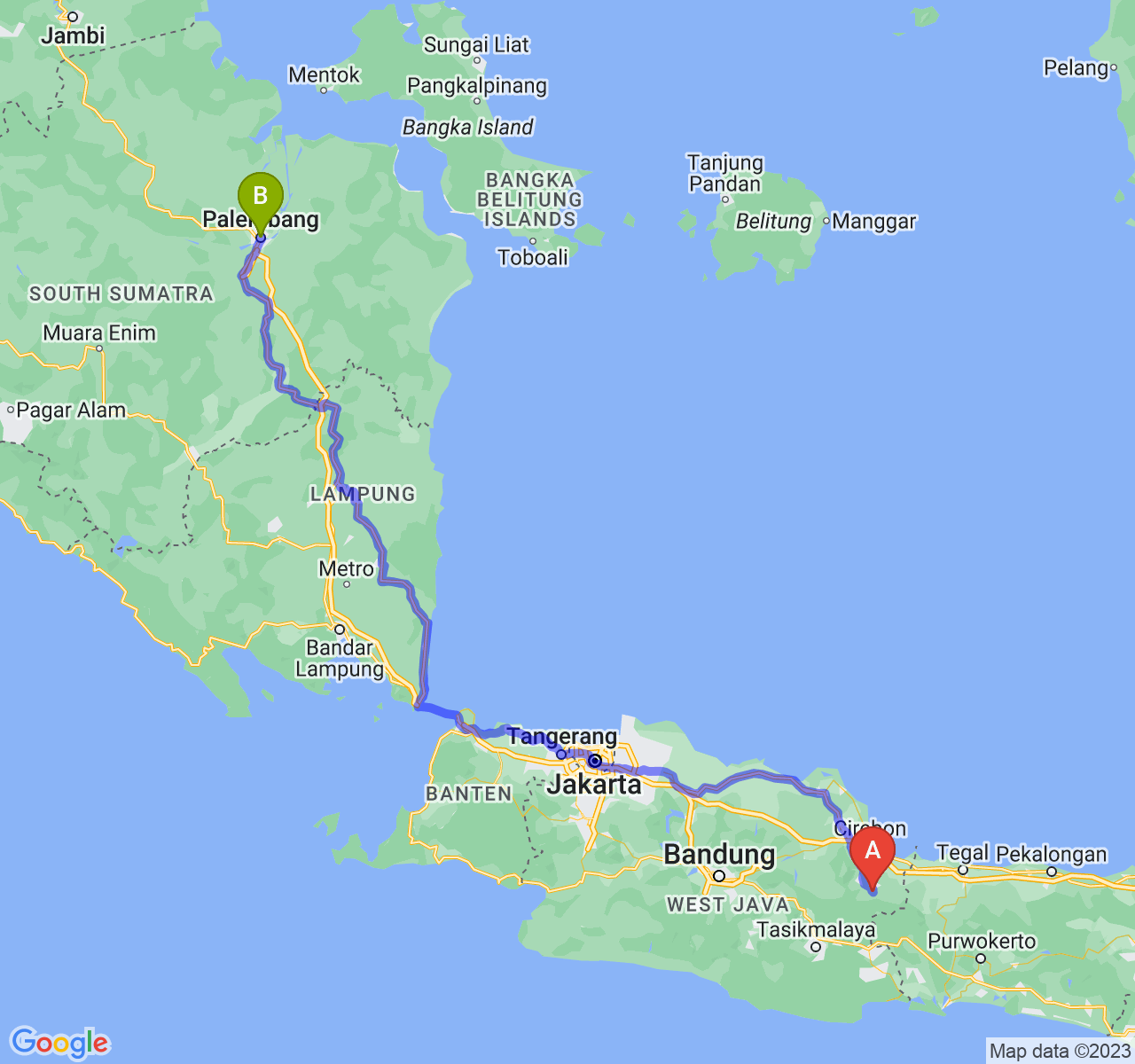 perjalanan dengan rute Kab. Kuningan-Kota Palembang