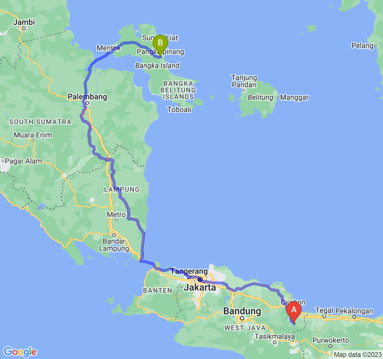 perjalanan dengan rute Kab. Kuningan-Kota Pangkalpinang