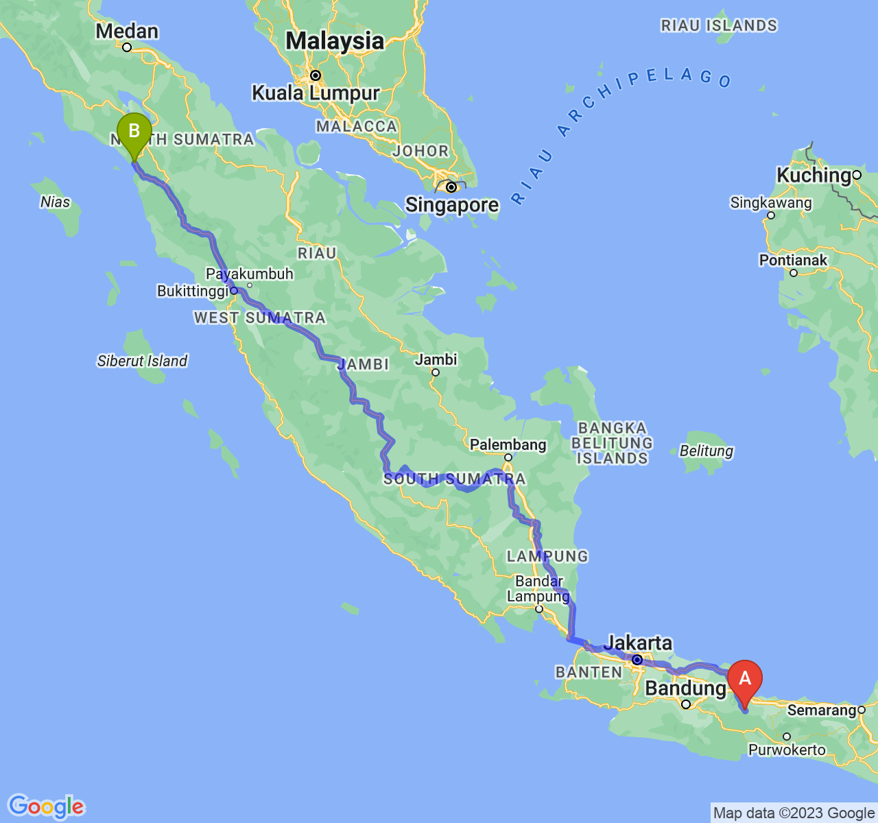 perjalanan dengan rute Kab. Kuningan-Kota Sibolga