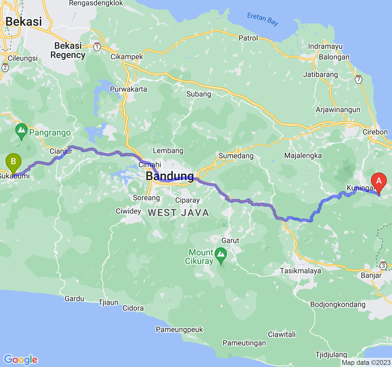 perjalanan dengan rute Kab. Kuningan-Kota Sukabumi