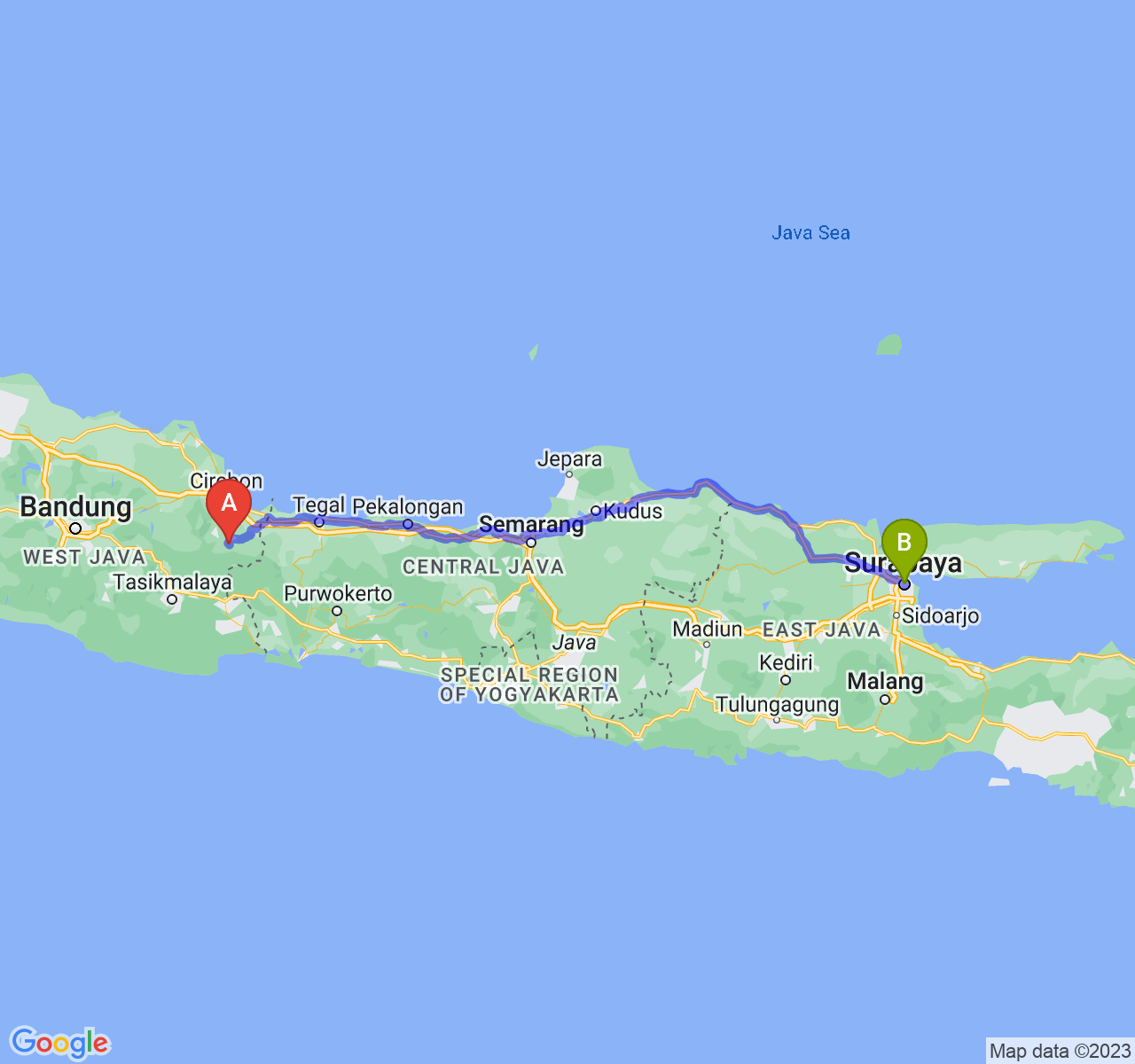 perjalanan dengan rute Kab. Kuningan-Kota Surabaya