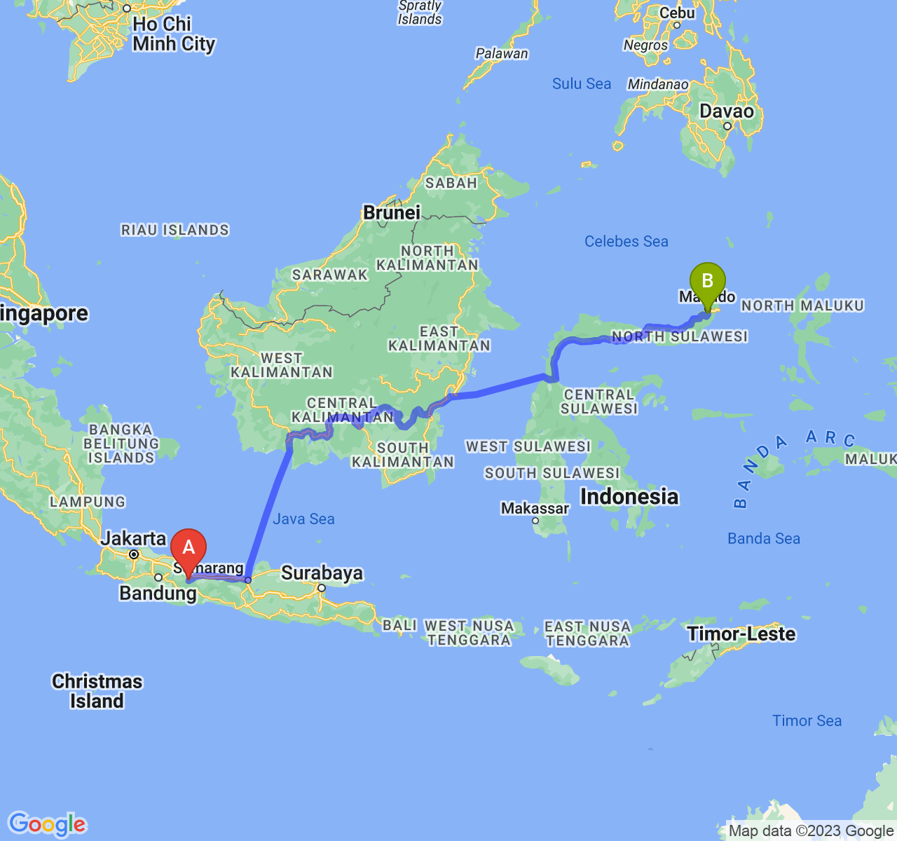 perjalanan dengan rute Kab. Kuningan-Kota Tomohon