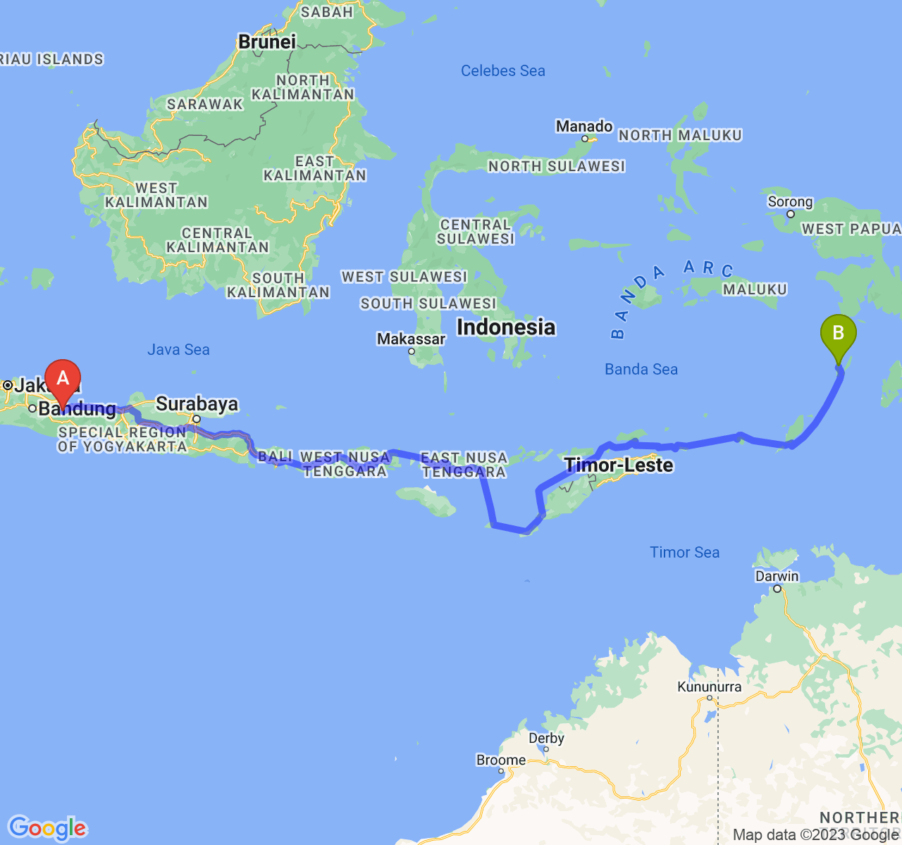 perjalanan dengan rute Kab. Kuningan-Kota Tual