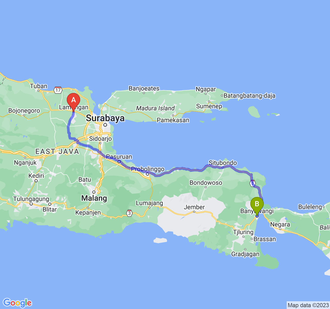 perjalanan dengan rute Kab. Lamongan-Kab. Banyuwangi