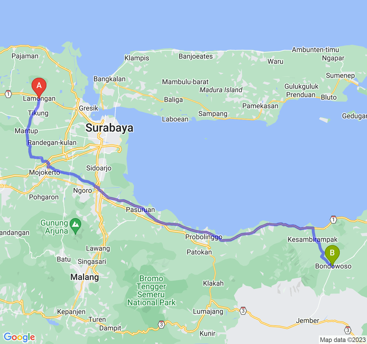 perjalanan dengan rute Kab. Lamongan-Kab. Bondowoso