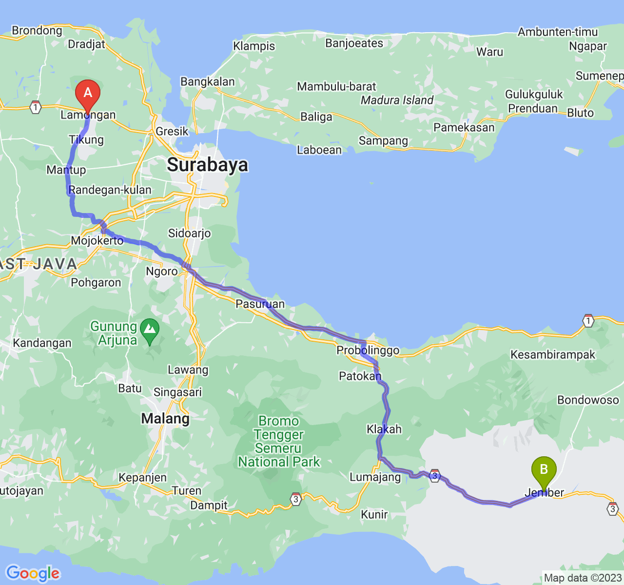 perjalanan dengan rute Kab. Lamongan-Kab. Jember