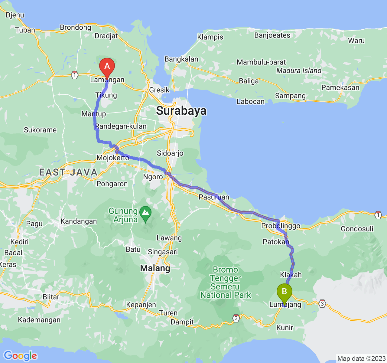 perjalanan dengan rute Kab. Lamongan-Kab. Lumajang