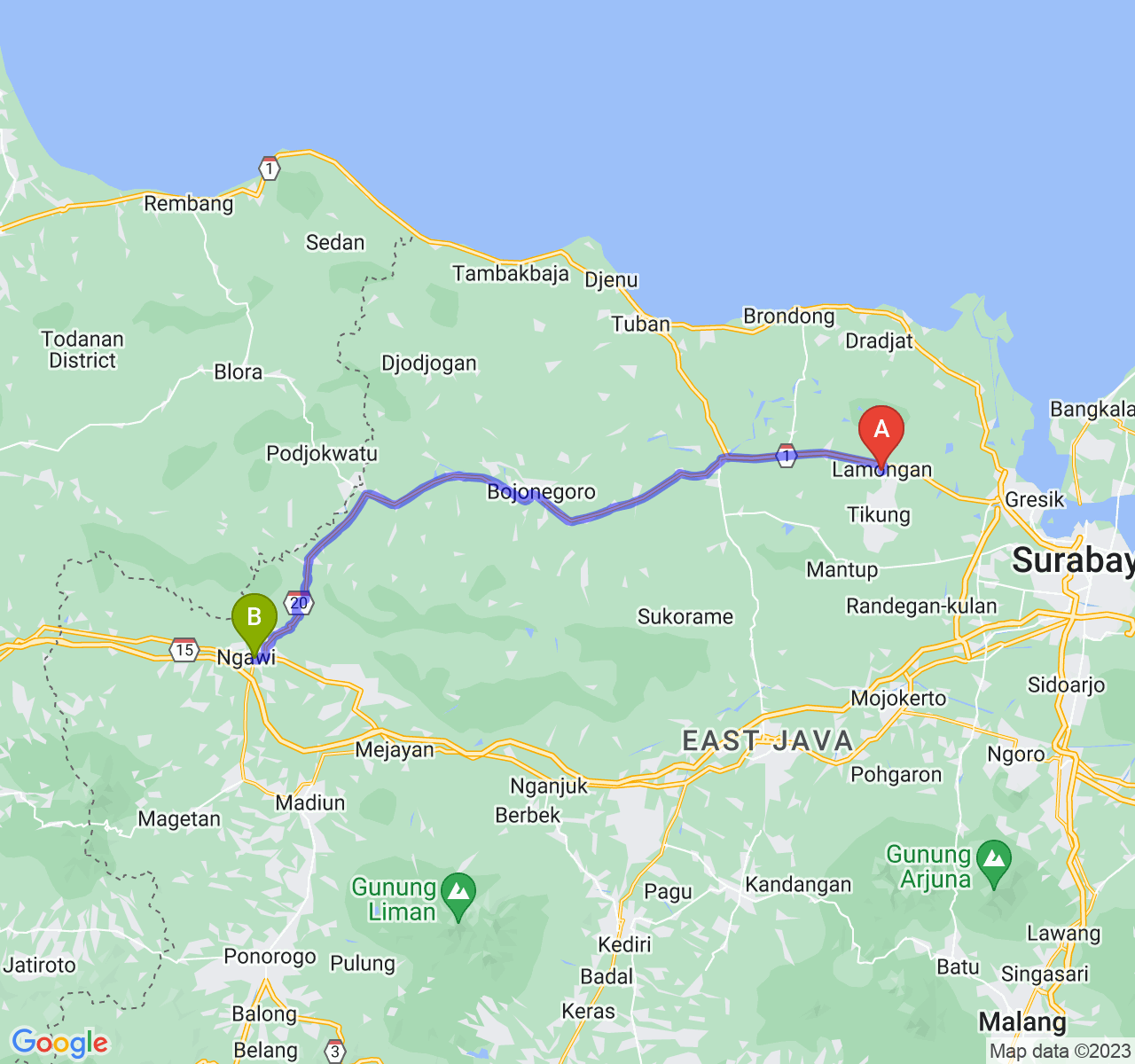 perjalanan dengan rute Kab. Lamongan-Kab. Ngawi