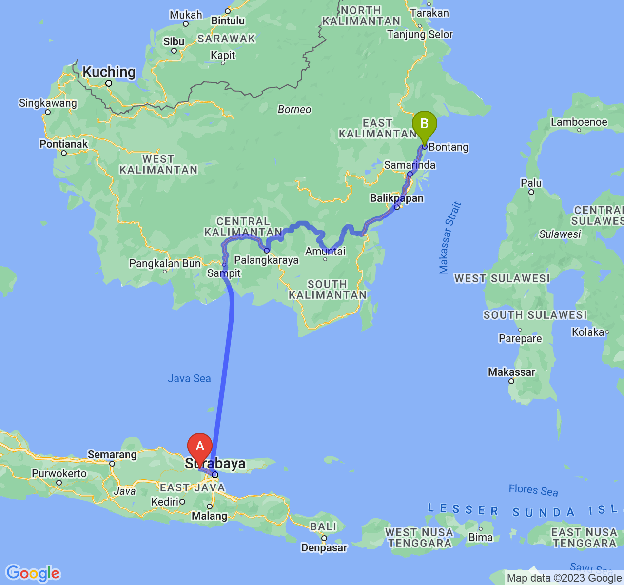 perjalanan dengan rute Kab. Lamongan-Kota Bontang