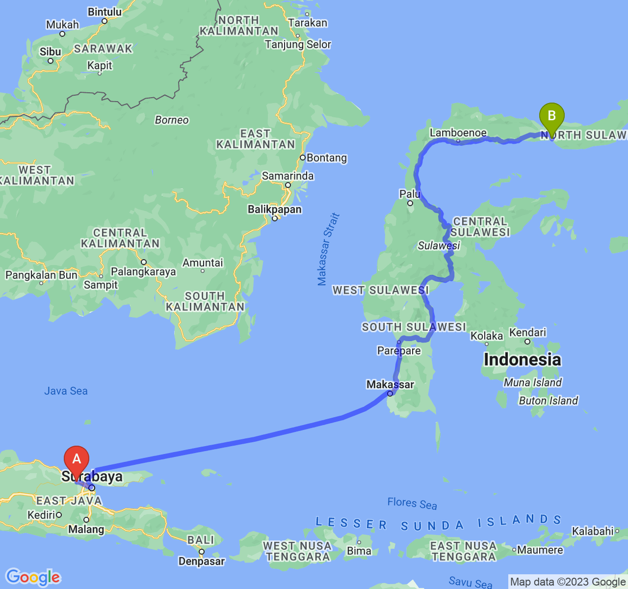 perjalanan dengan rute Kab. Lamongan-Kota Gorontalo