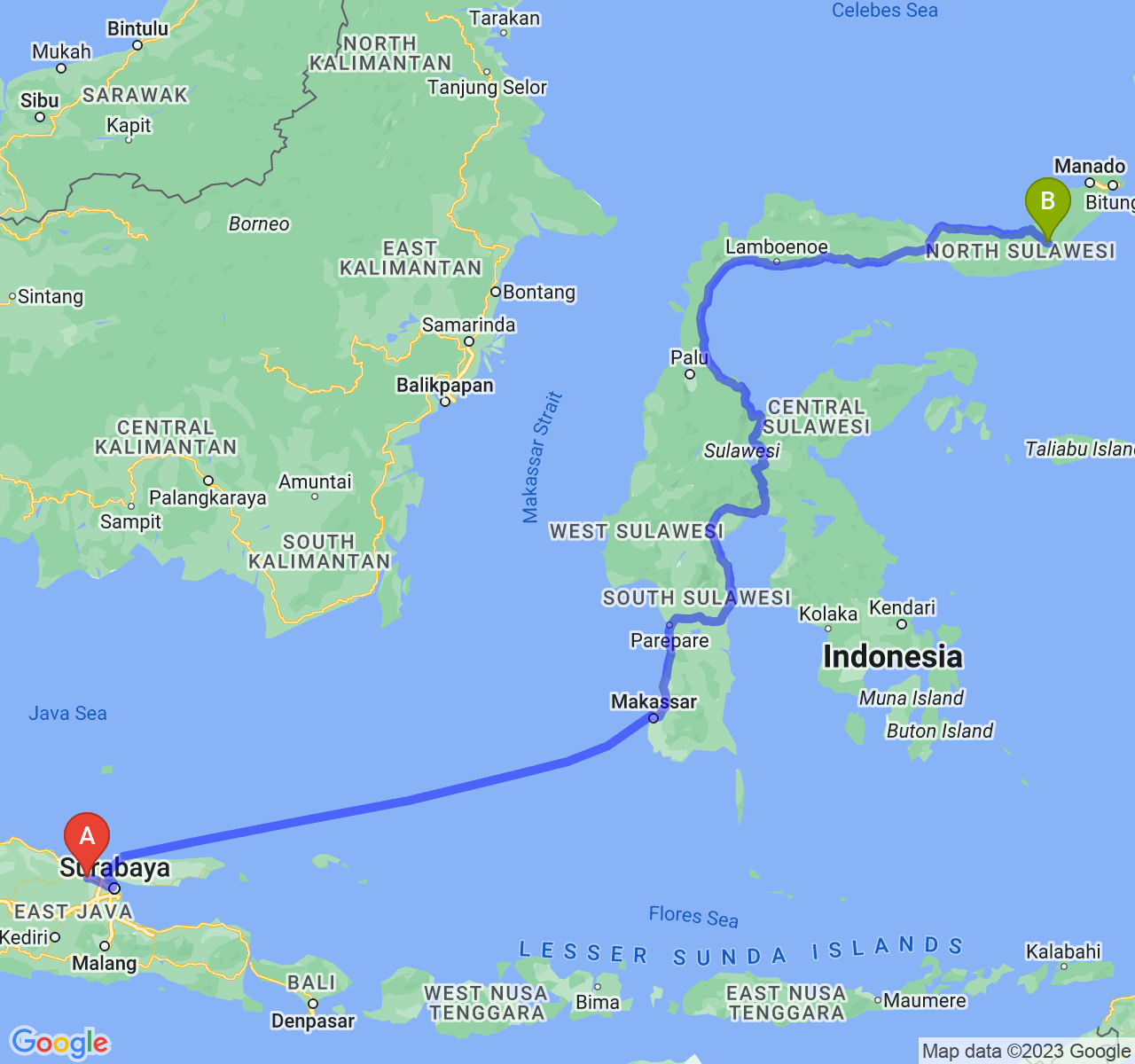 perjalanan dengan rute Kab. Lamongan-Kota Kotamobagu