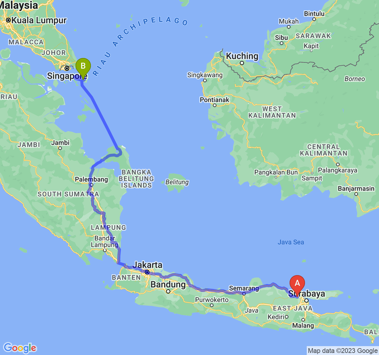 perjalanan dengan rute Kab. Lamongan-Kota Tanjungpinang