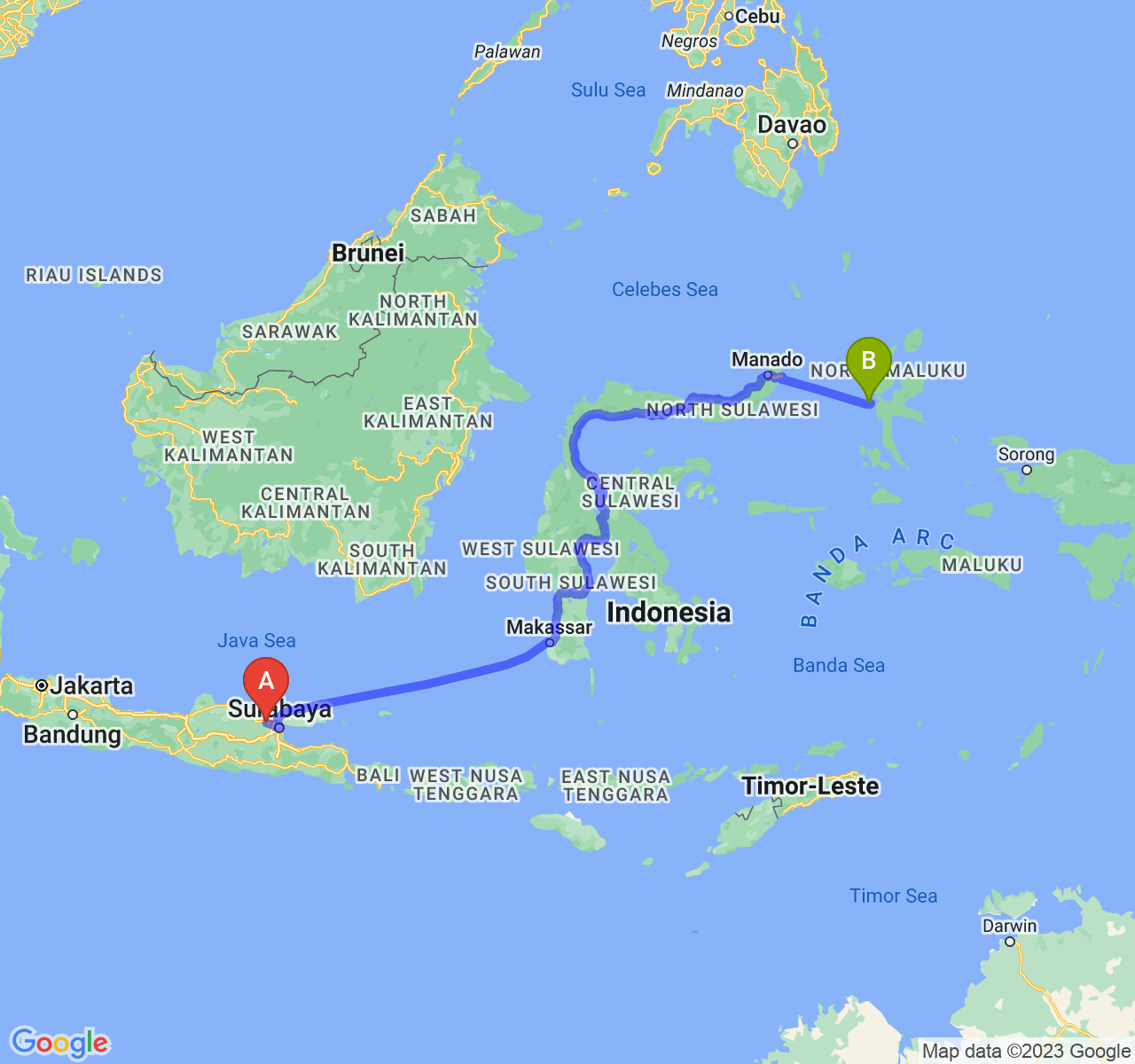 perjalanan dengan rute Kab. Lamongan-Kota Ternate