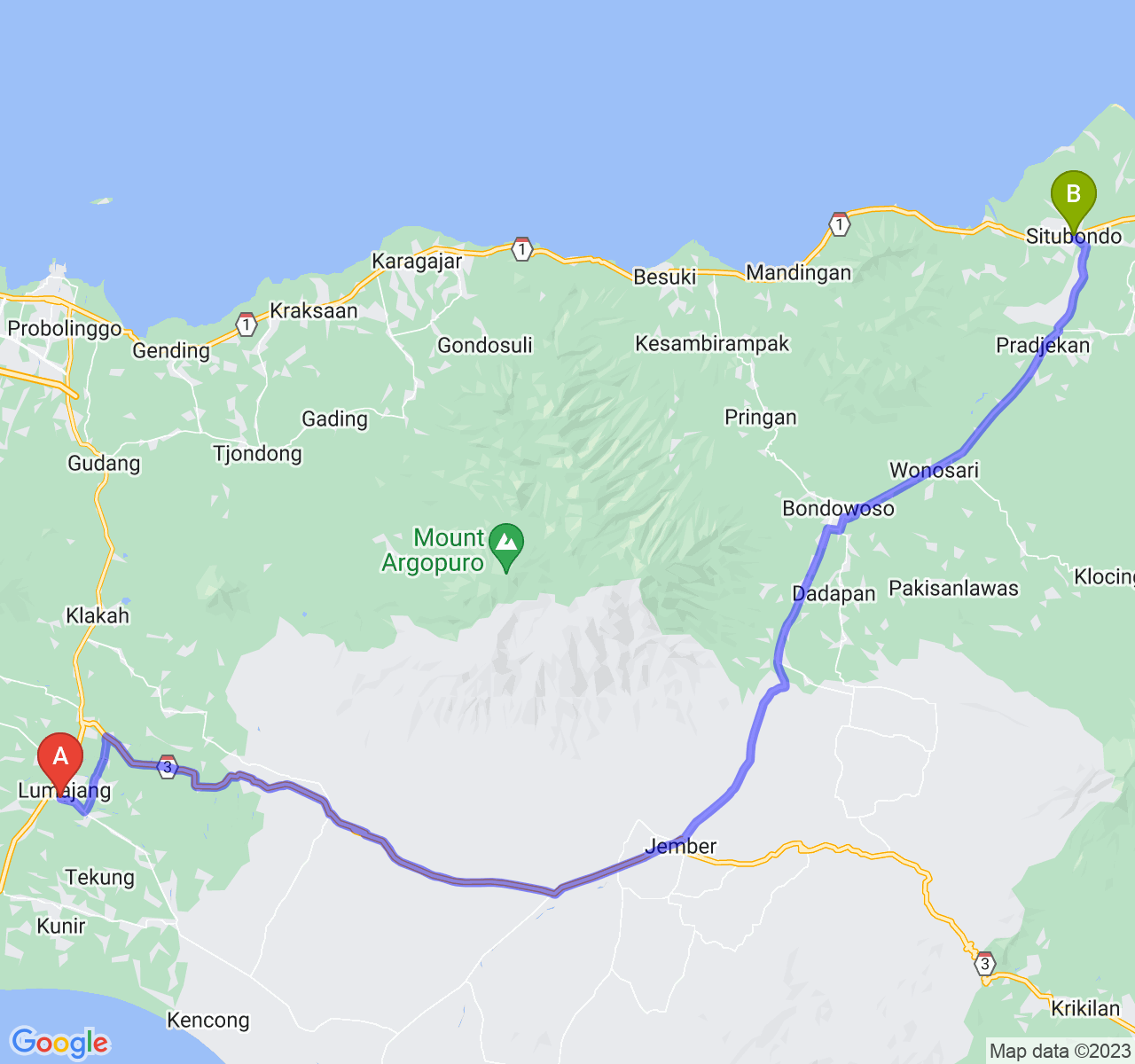 perjalanan dengan rute Kab. Lumajang-Kab. Situbondo