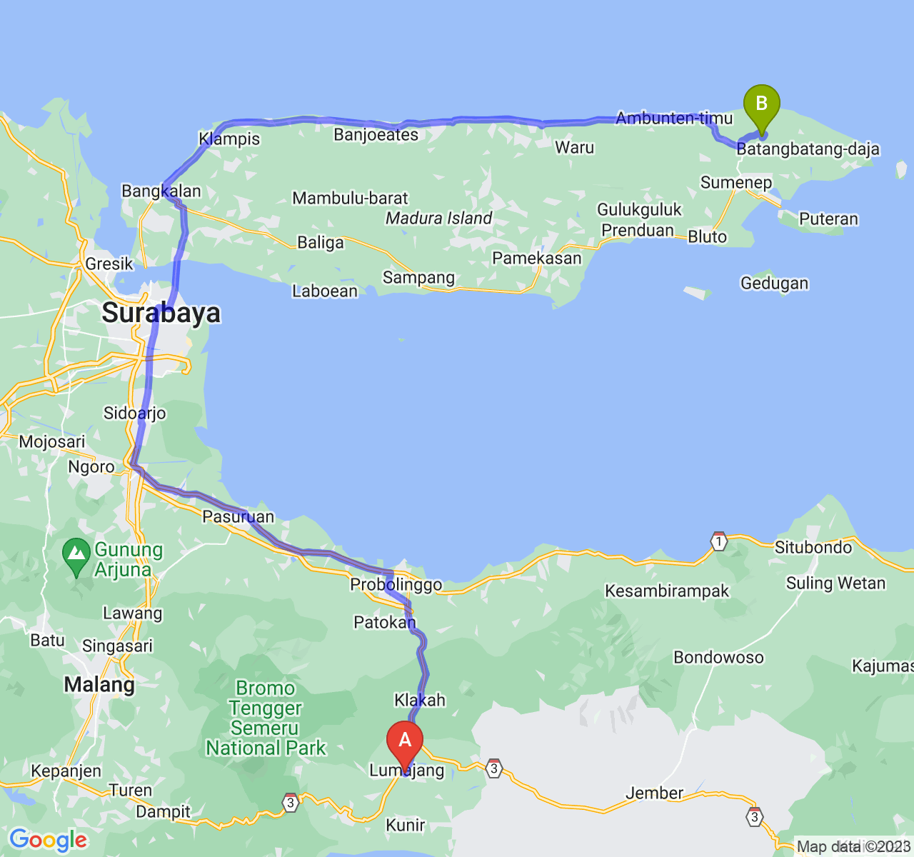 perjalanan dengan rute Kab. Lumajang-Kab. Sumenep