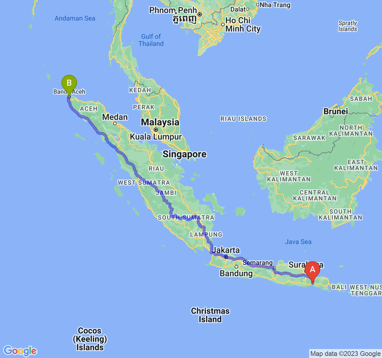 perjalanan dengan rute Kab. Lumajang-Kota Banda Aceh