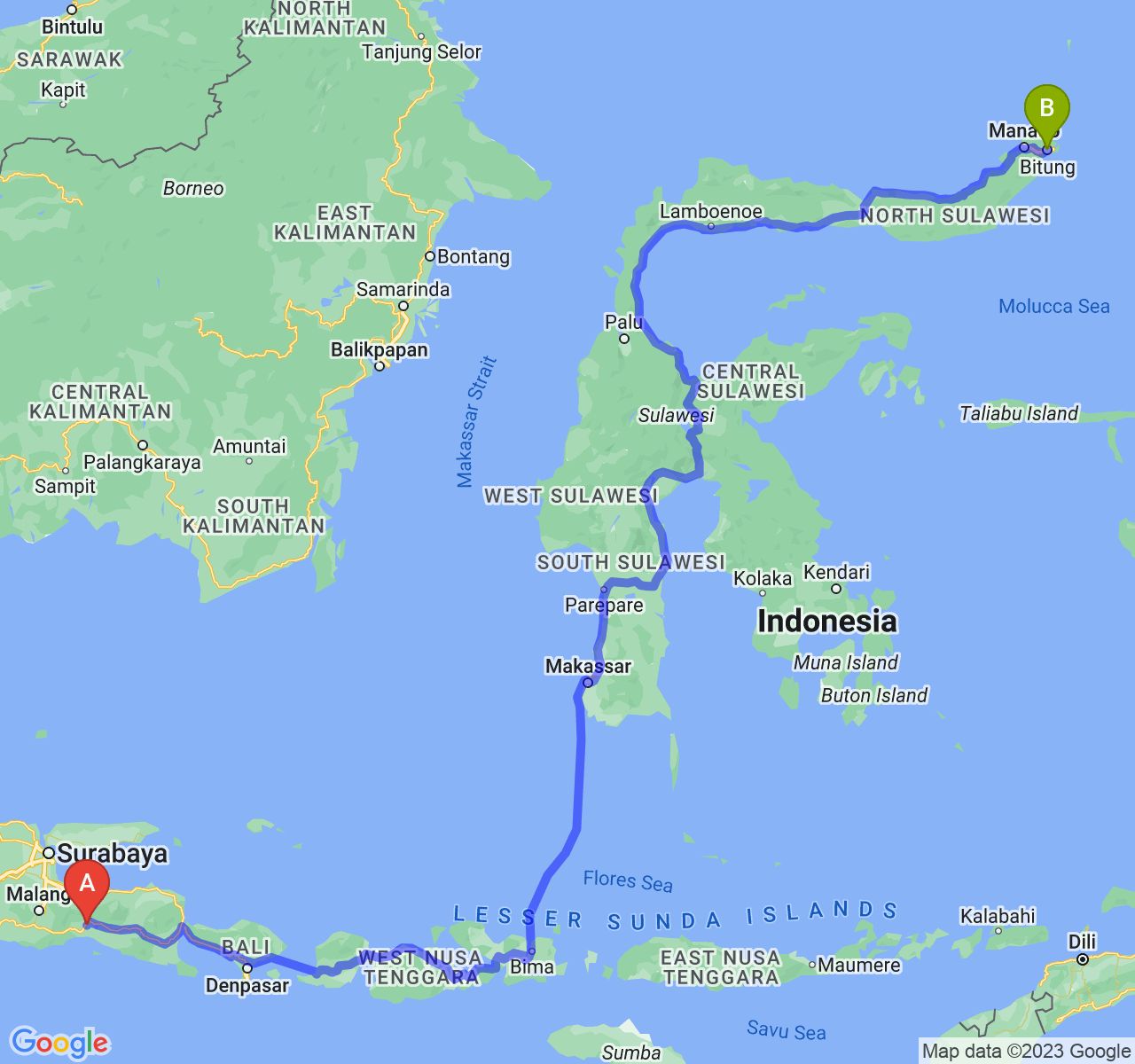 perjalanan dengan rute Kab. Lumajang-Kota Bitung