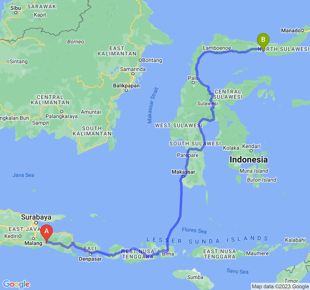 perjalanan dengan rute Kab. Lumajang-Kota Gorontalo