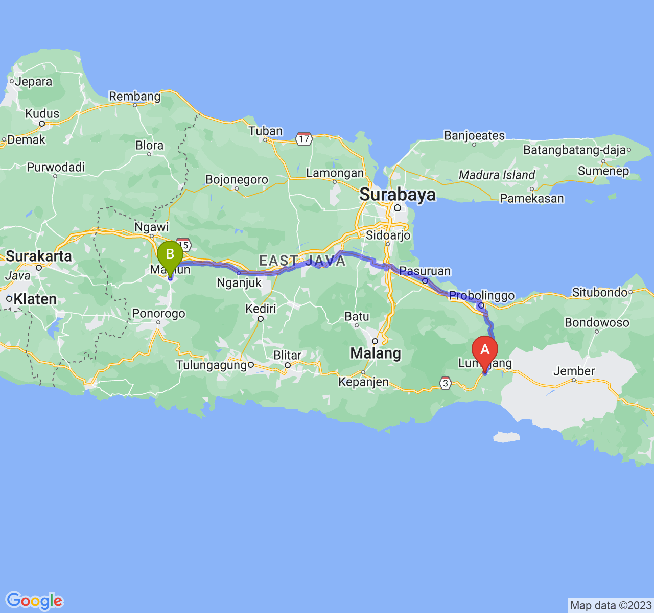 perjalanan dengan rute Kab. Lumajang-Kota Madiun