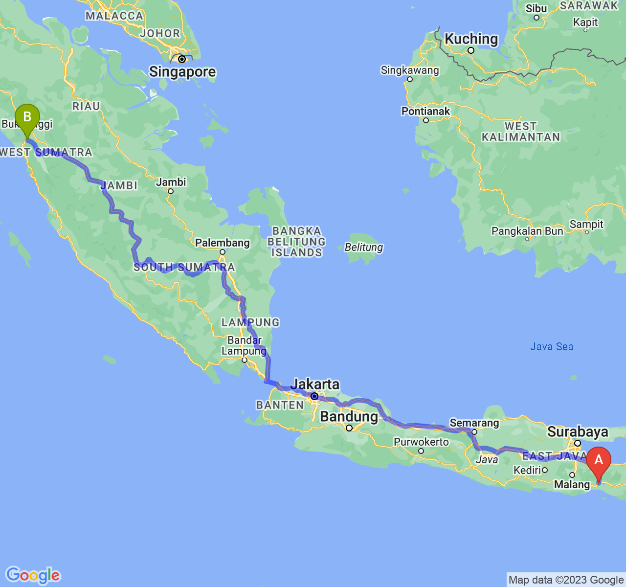 perjalanan dengan rute Kab. Lumajang-Kota Padang Panjang