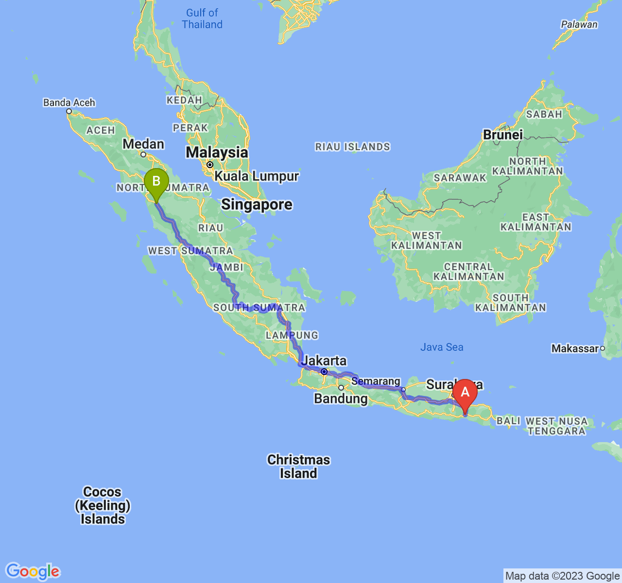 perjalanan dengan rute Kab. Lumajang-Kota Padang Sidimpuan