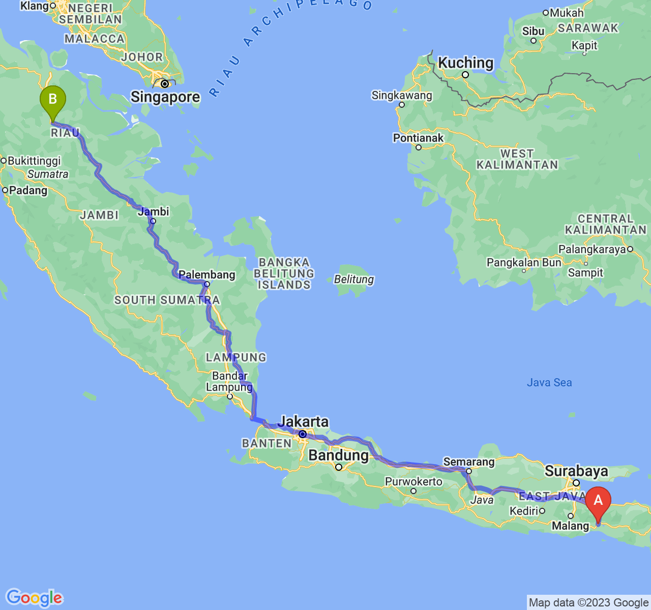 perjalanan dengan rute Kab. Lumajang-Kota Pekanbaru