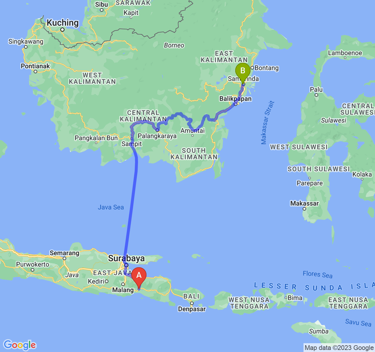 perjalanan dengan rute Kab. Lumajang-Kota Samarinda