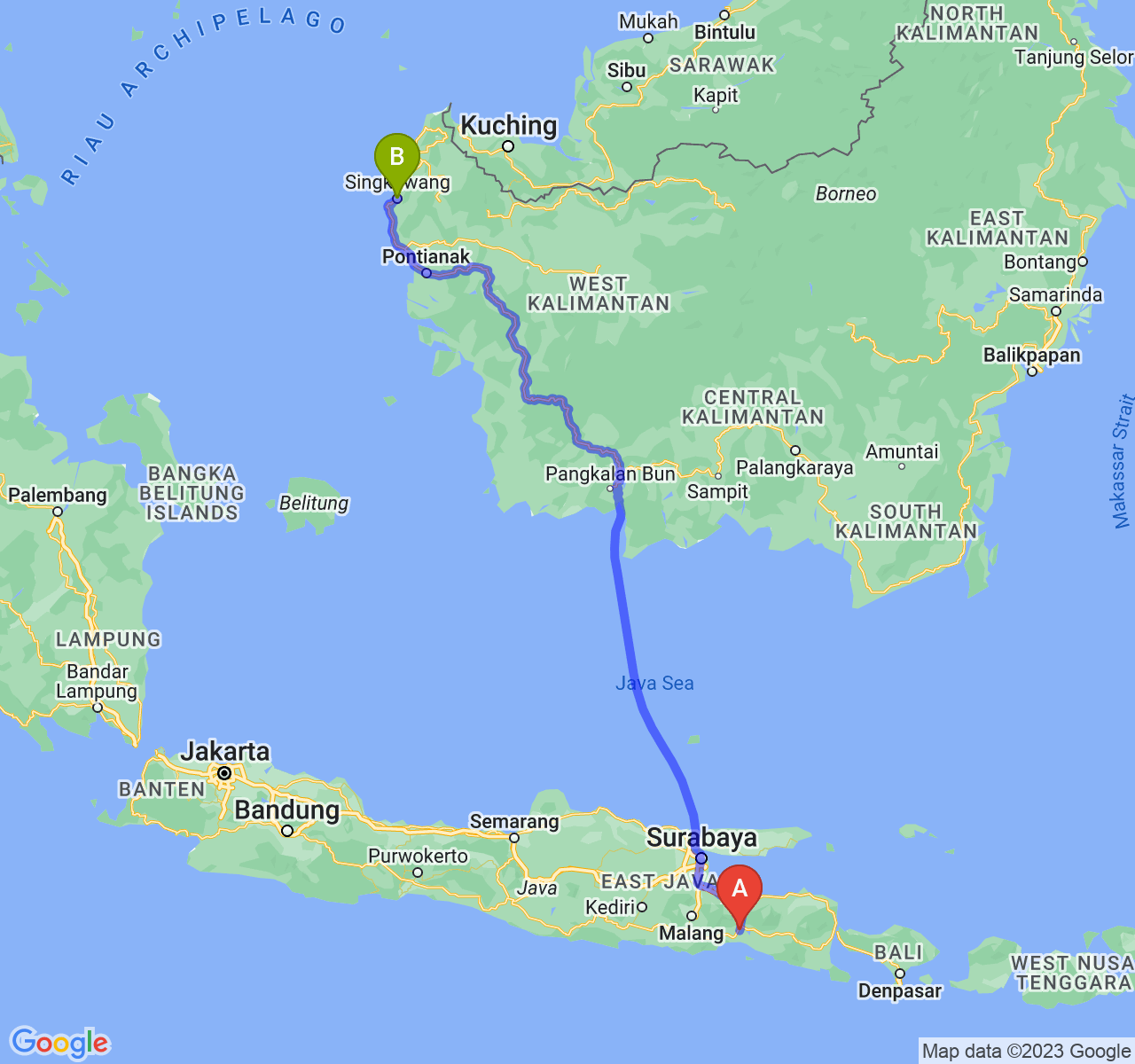 perjalanan dengan rute Kab. Lumajang-Kota Singkawang