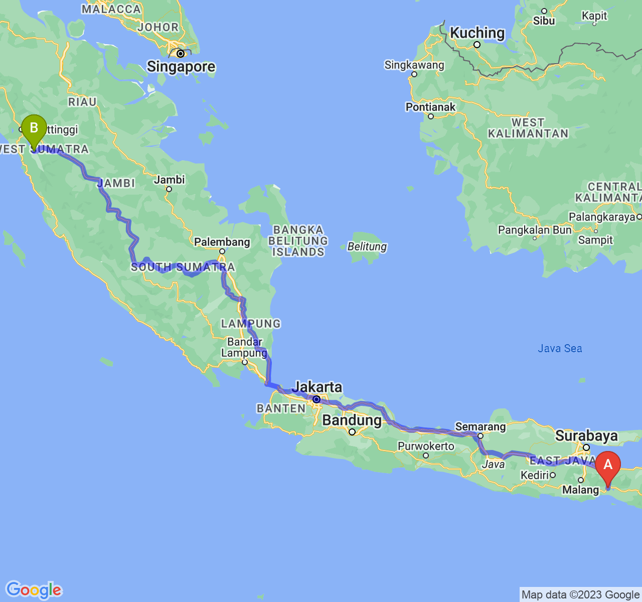 perjalanan dengan rute Kab. Lumajang-Kota Solok