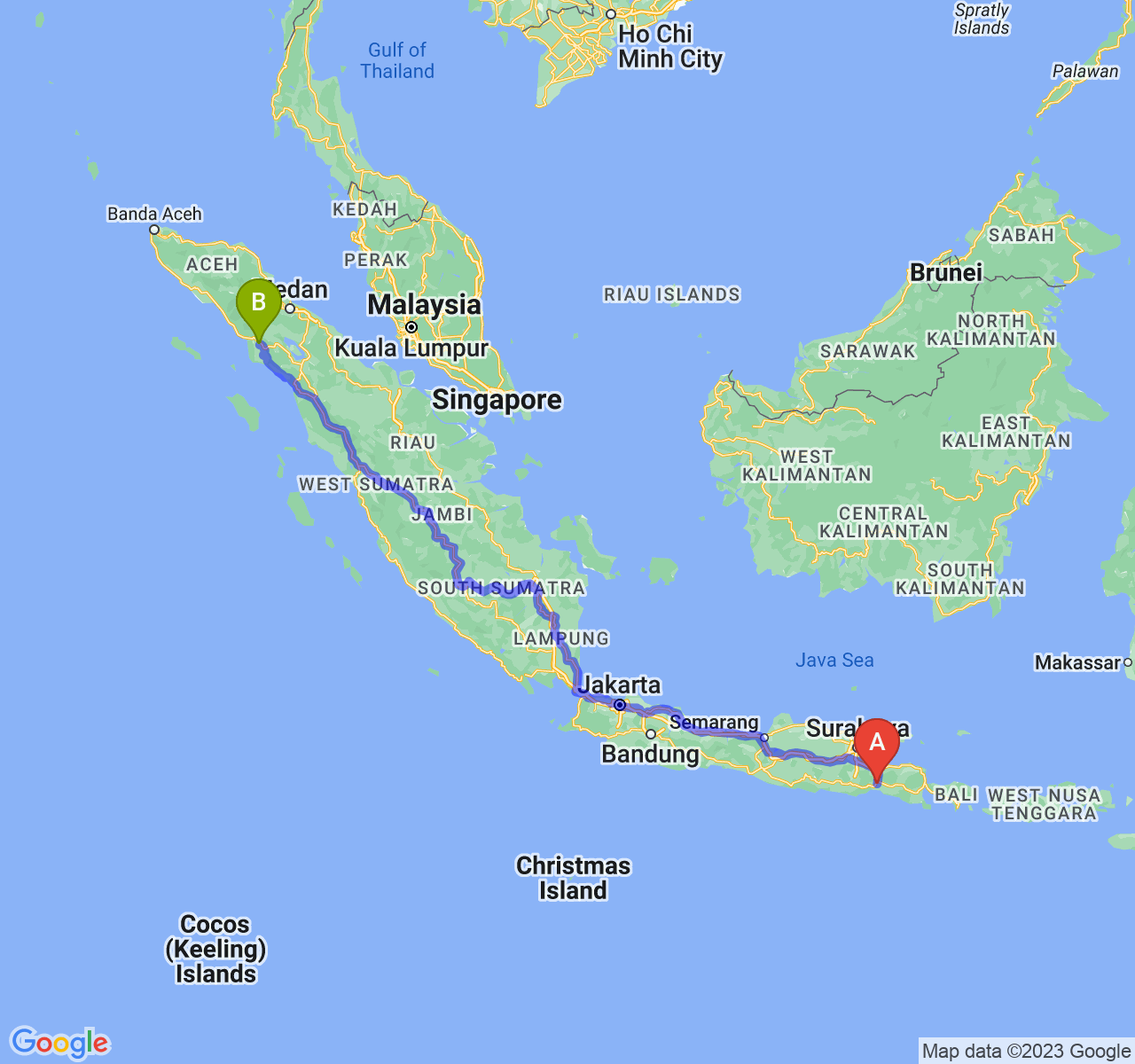 perjalanan dengan rute Kab. Lumajang-Kota Subulussalam