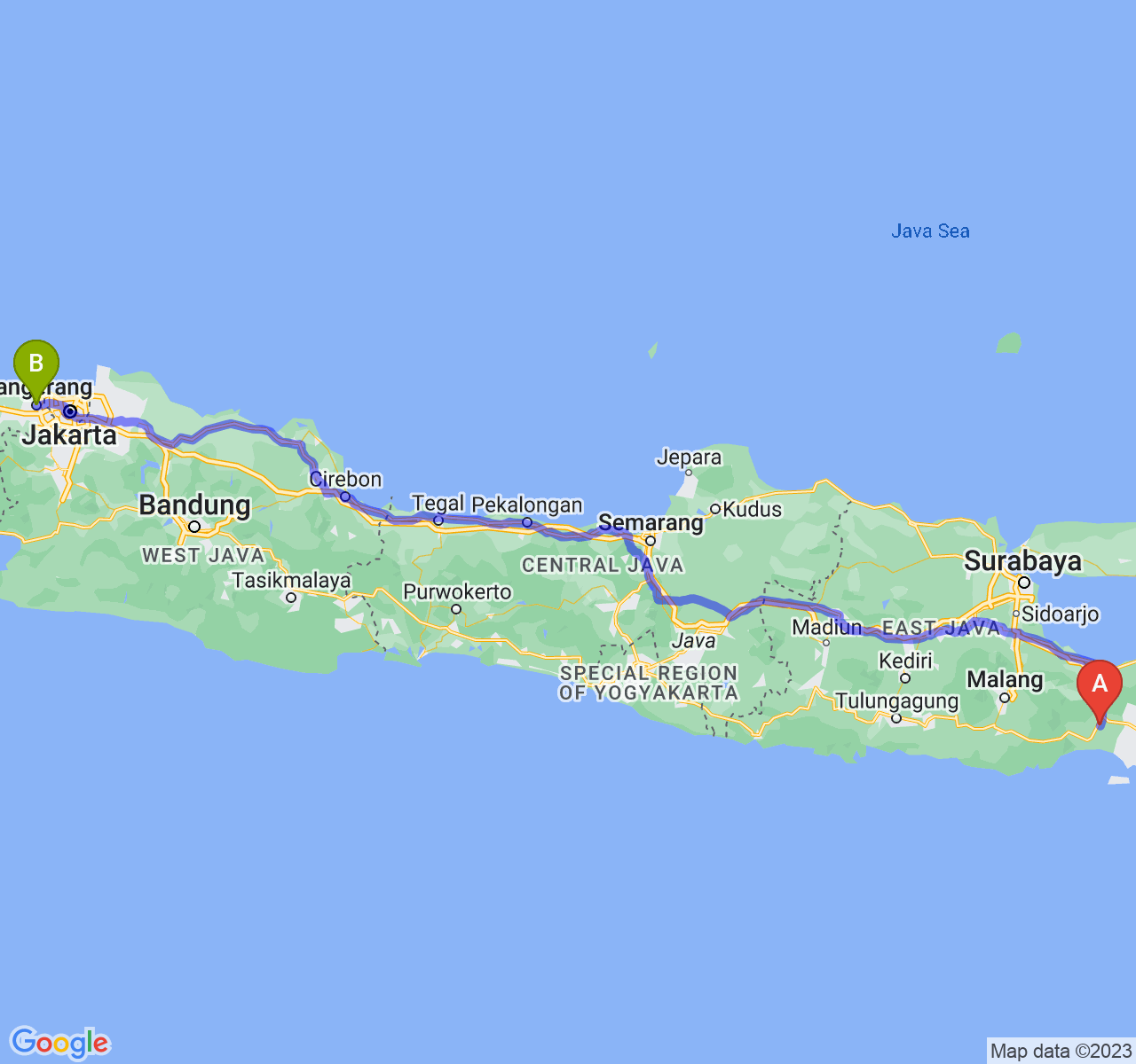 perjalanan dengan rute Kab. Lumajang-Kota Tangerang