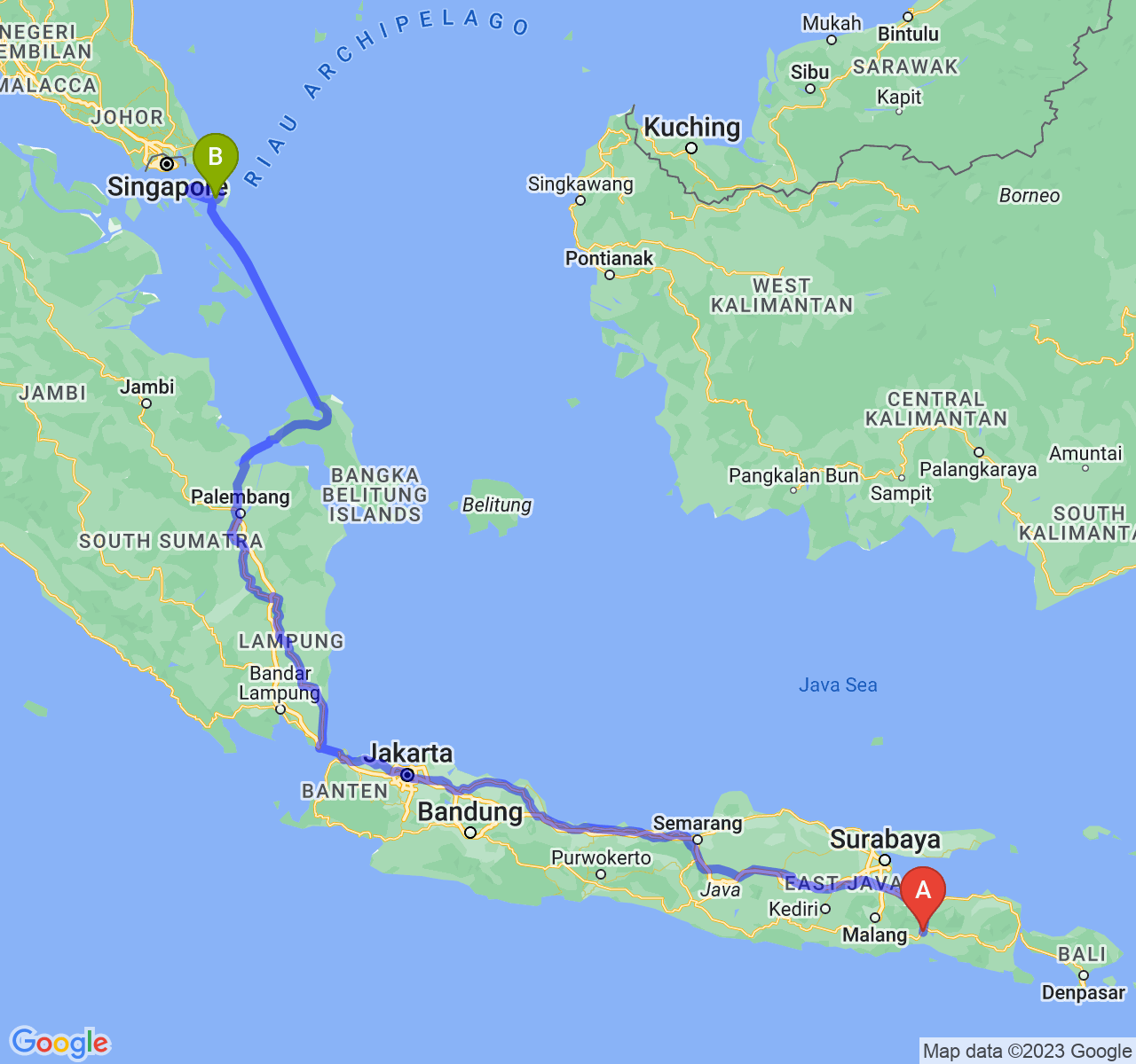 perjalanan dengan rute Kab. Lumajang-Kota Tanjungpinang