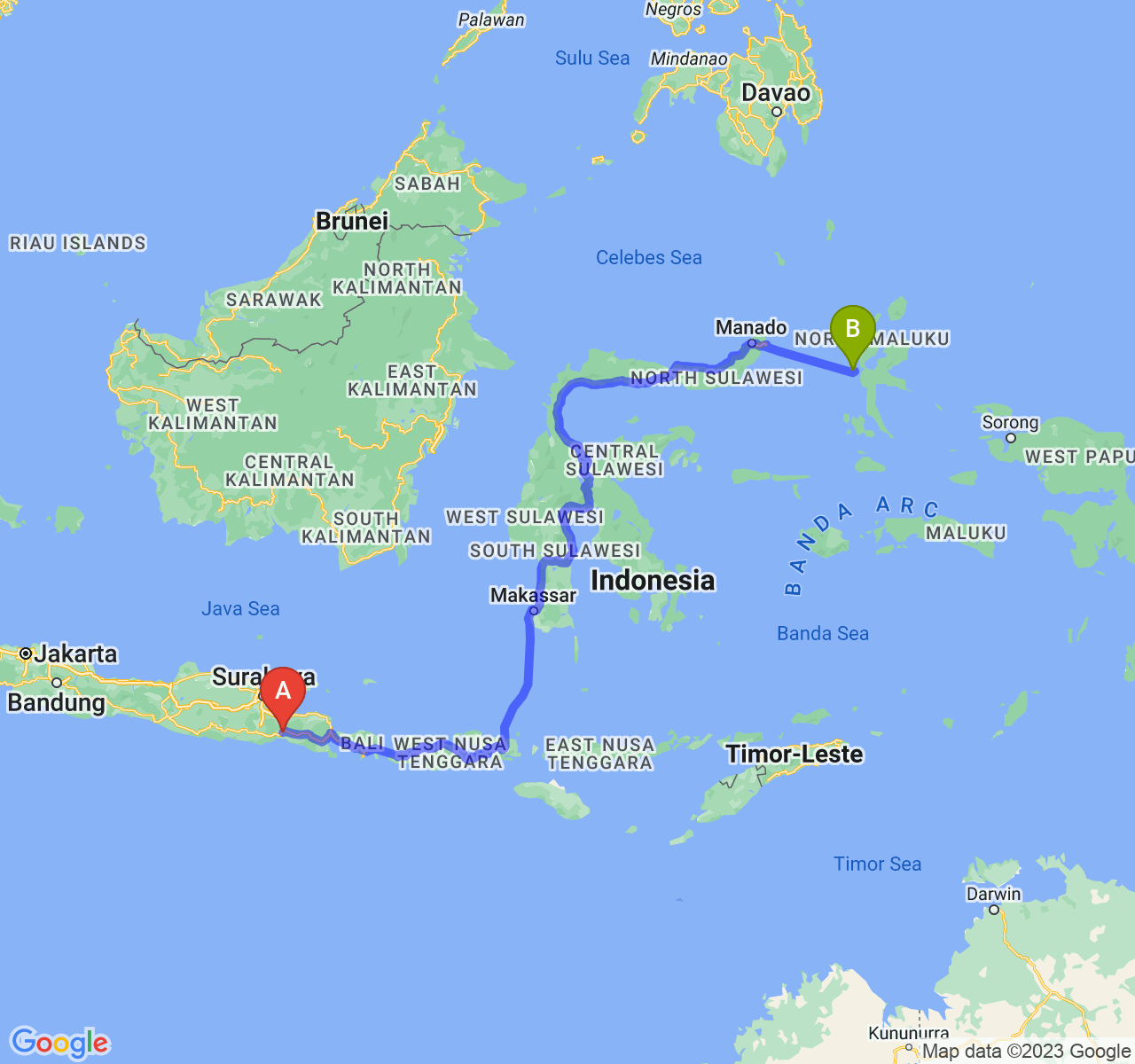 perjalanan dengan rute Kab. Lumajang-Kota Ternate