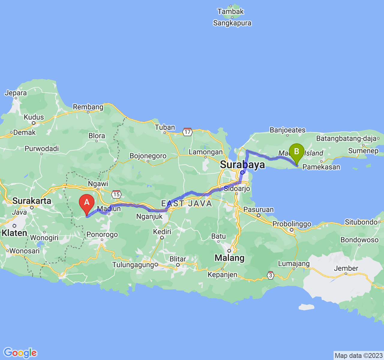 perjalanan dengan rute Kab. Magetan-Kab. Sampang