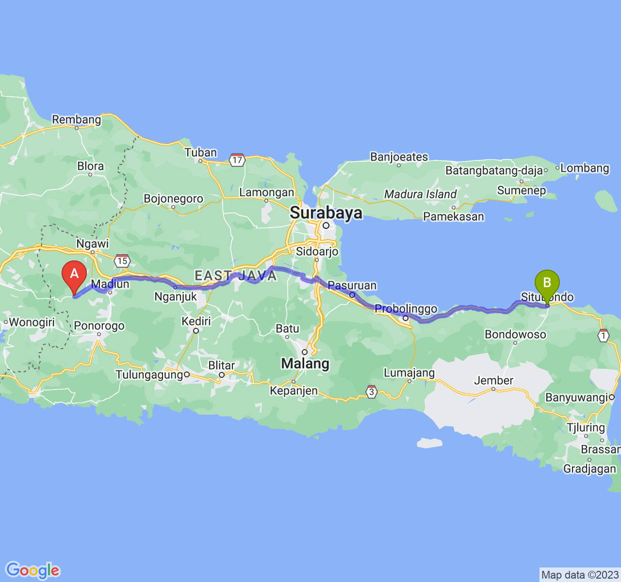 perjalanan dengan rute Kab. Magetan-Kab. Situbondo