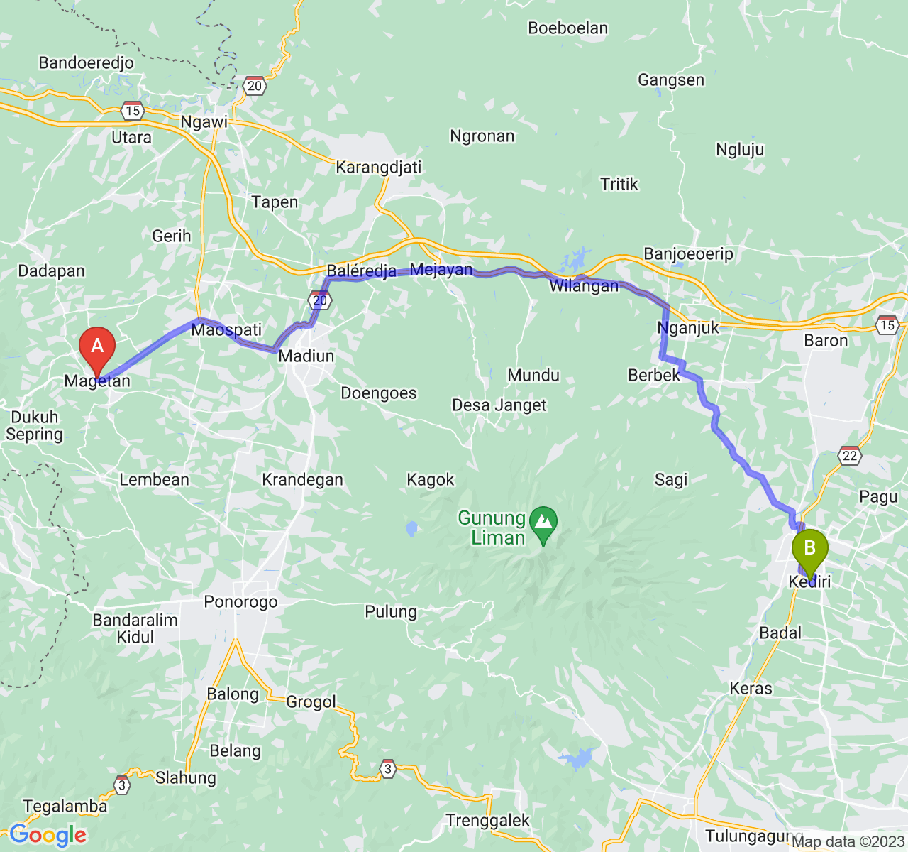 perjalanan dengan rute Kab. Magetan-Kota Kediri