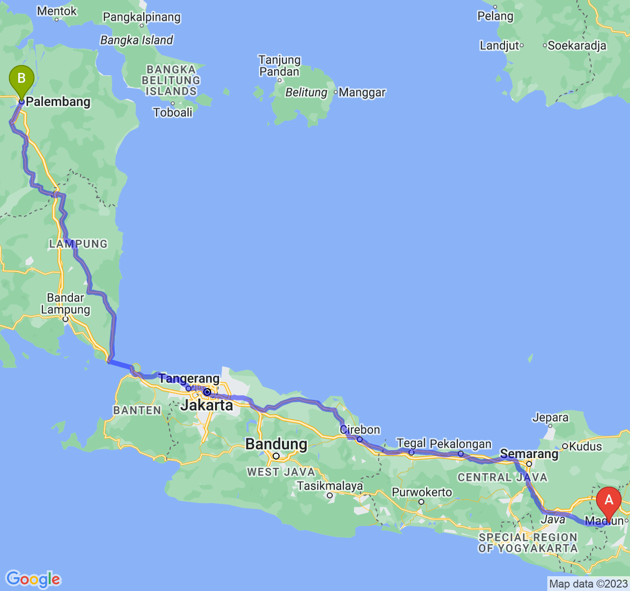 perjalanan dengan rute Kab. Magetan-Kota Palembang