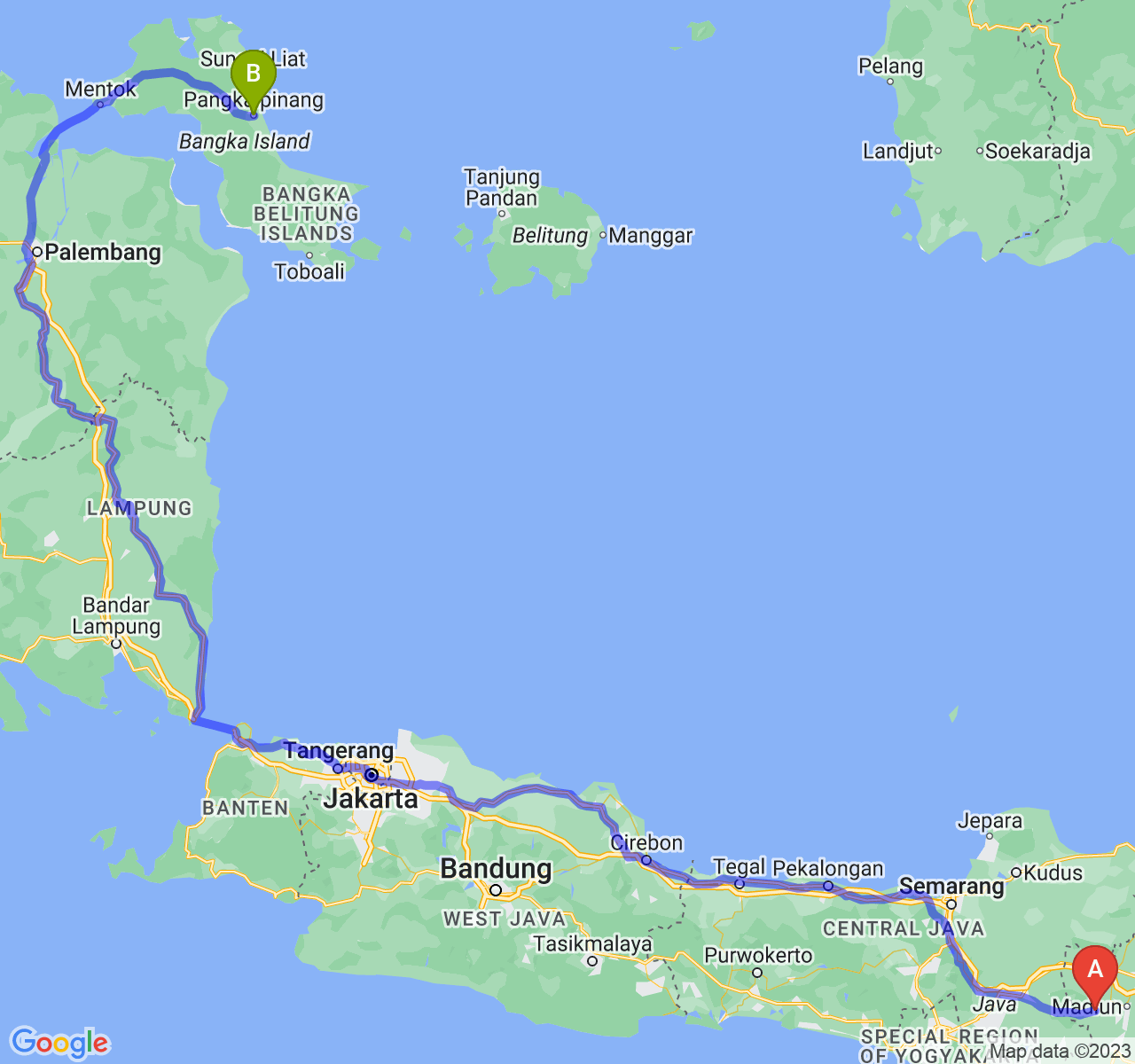 perjalanan dengan rute Kab. Magetan-Kota Pangkalpinang