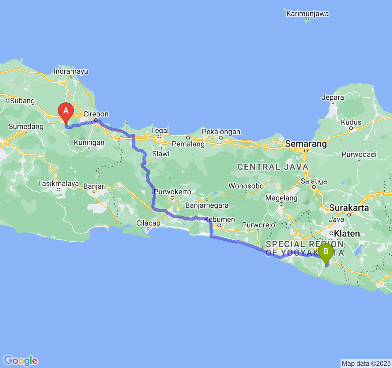 perjalanan dengan rute Kab. Majalengka-Kab. Gunung Kidul