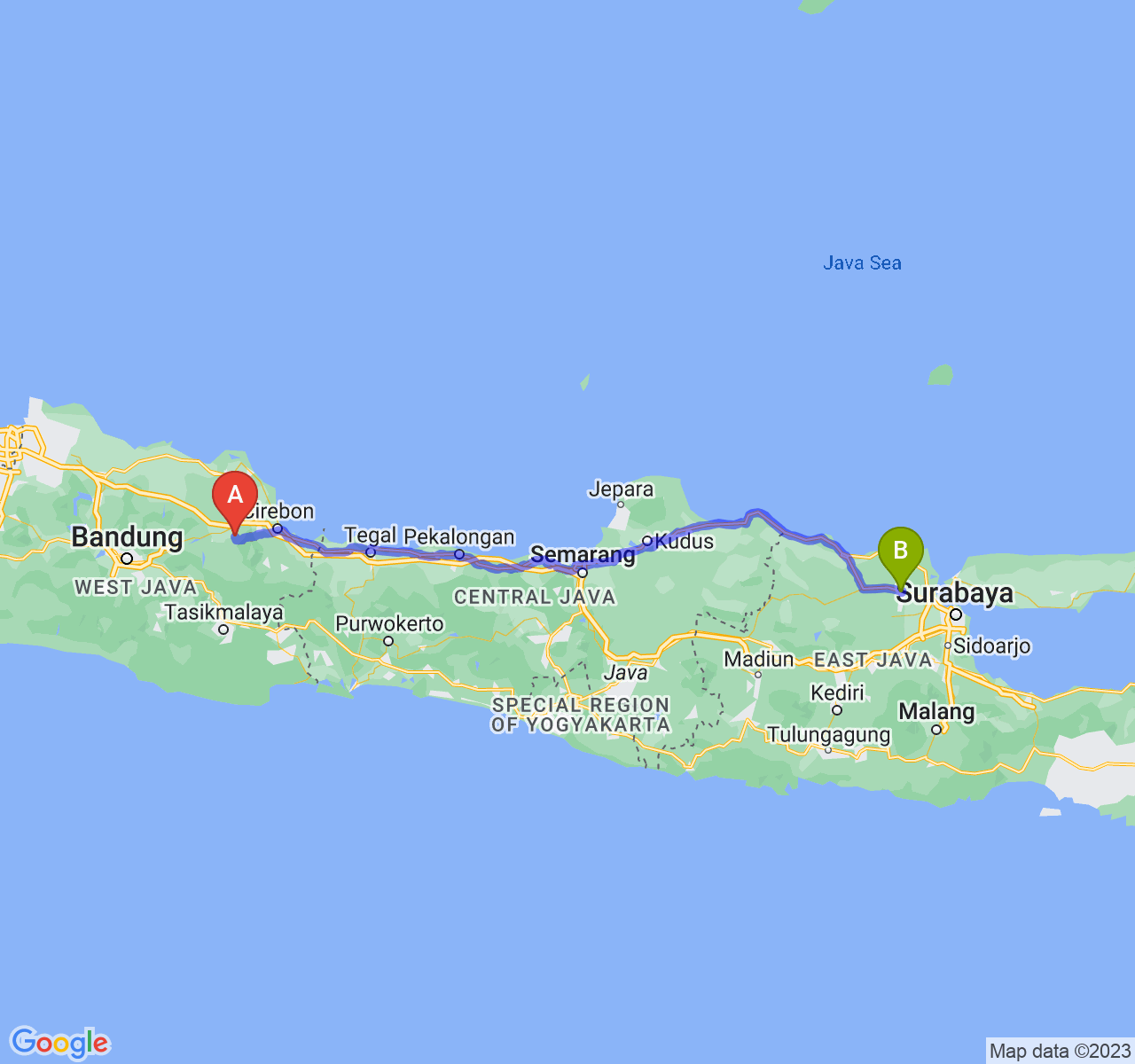 perjalanan dengan rute Kab. Majalengka-Kab. Lamongan