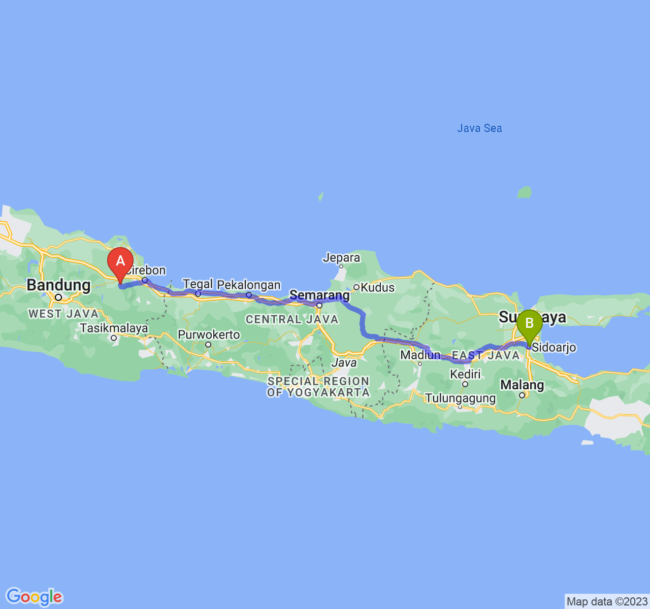 perjalanan dengan rute Kab. Majalengka-Kab. Sidoarjo