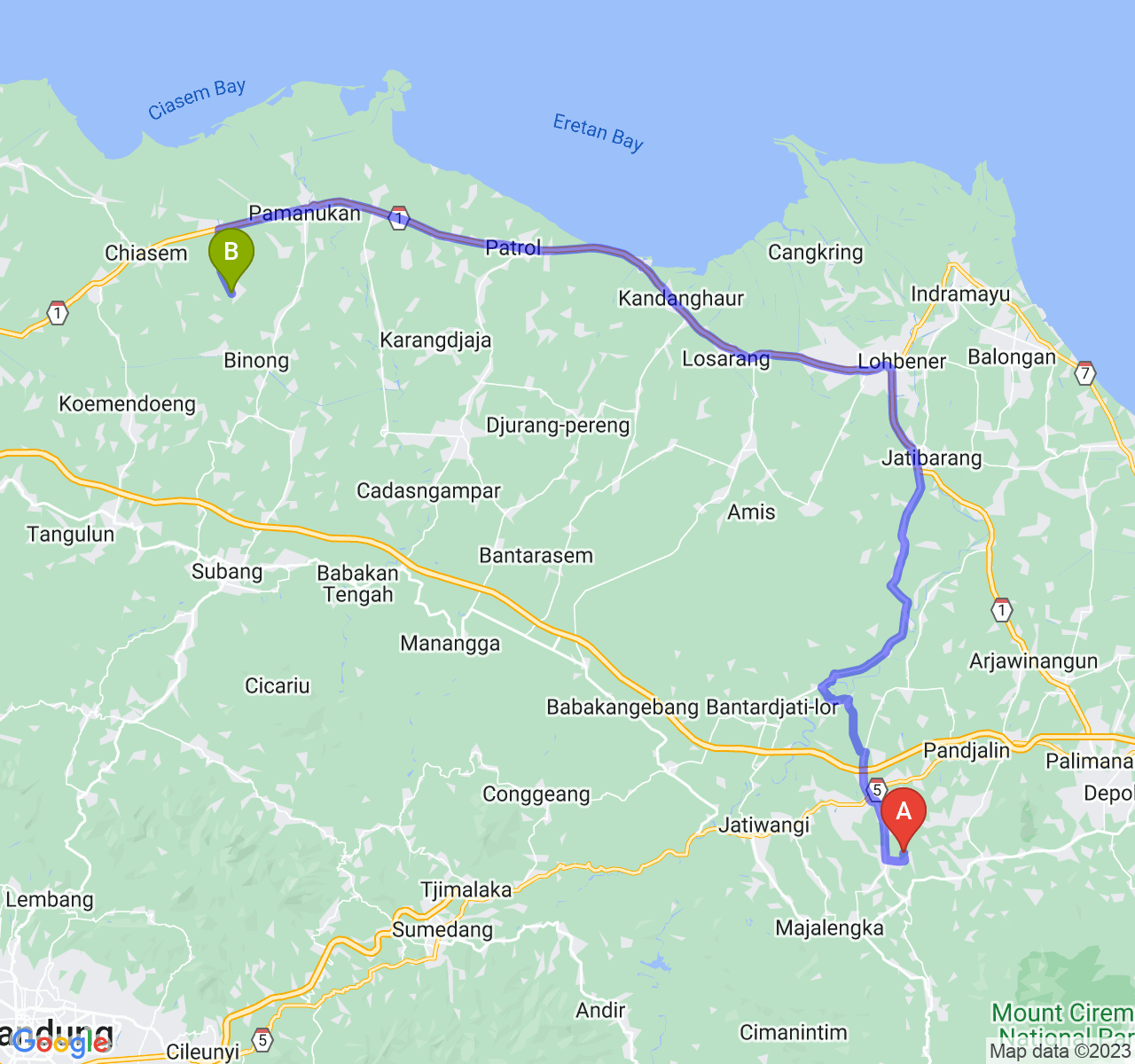 perjalanan dengan rute Kab. Majalengka-Kab. Subang